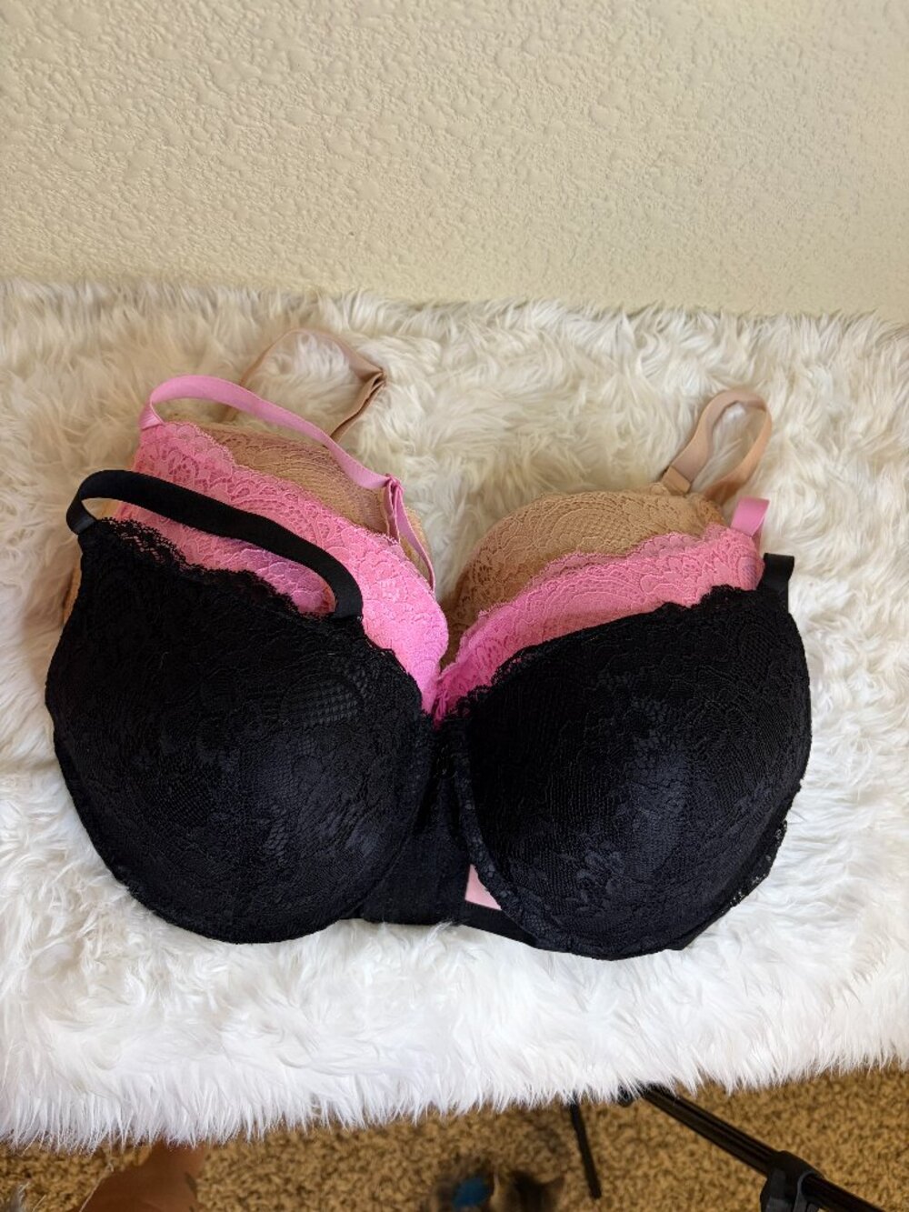 Juicy Couture Lace Push Up Bra 3 Pc Ser Pink Nude Black 38D Lingerie Bundle NWoT
